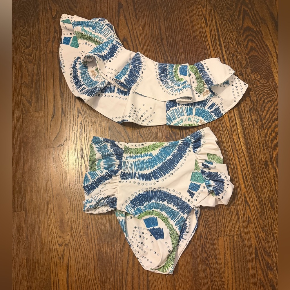 Blue and Green Patterned Ruffle Bikini Set